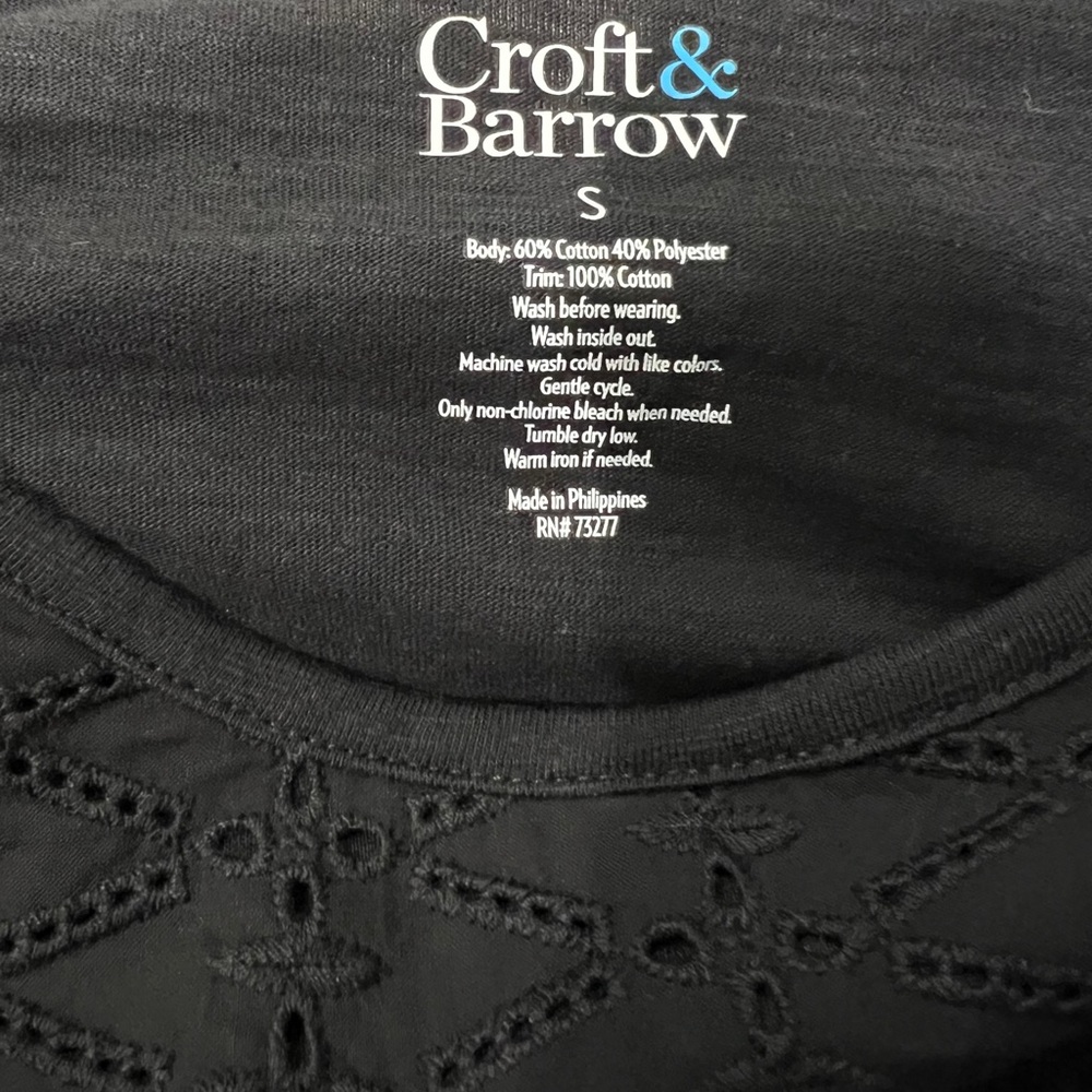 Croft & Barrow Black Embroidered Blouse, Size S, Cotton/Polyester, New - Picture 3 of 7